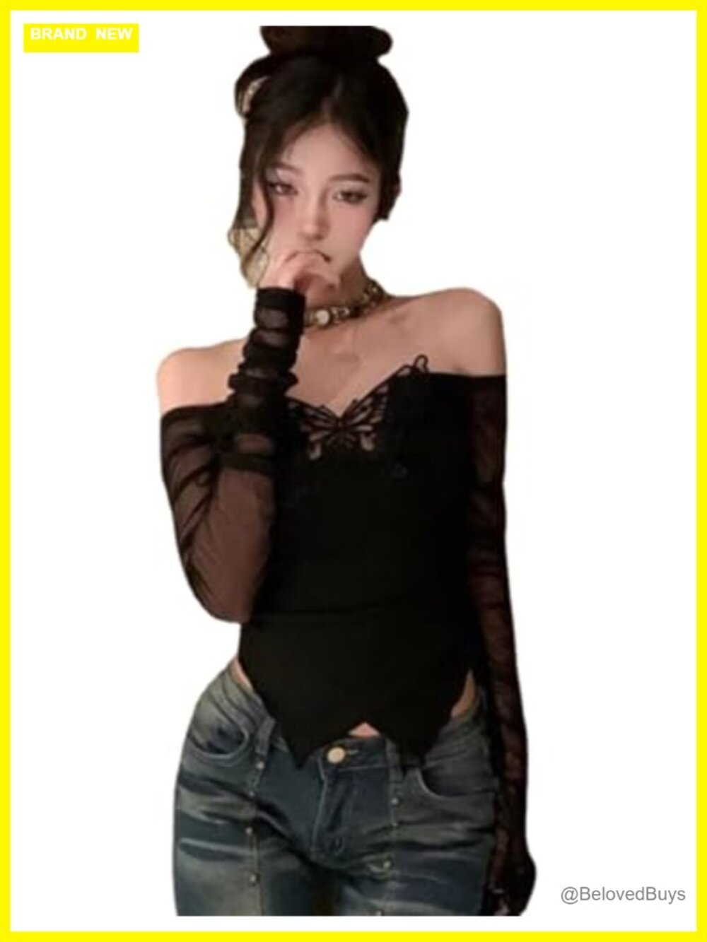 Off Shoulder Long Sleeve Cropped Mesh Top Butterfly Y2K Coquette Aesthetic
